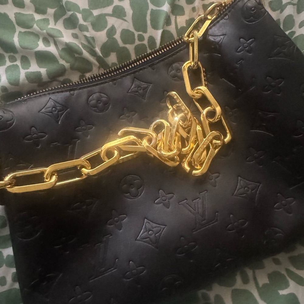 Black Monogram Embossed Leather Clutch with Gold Chain